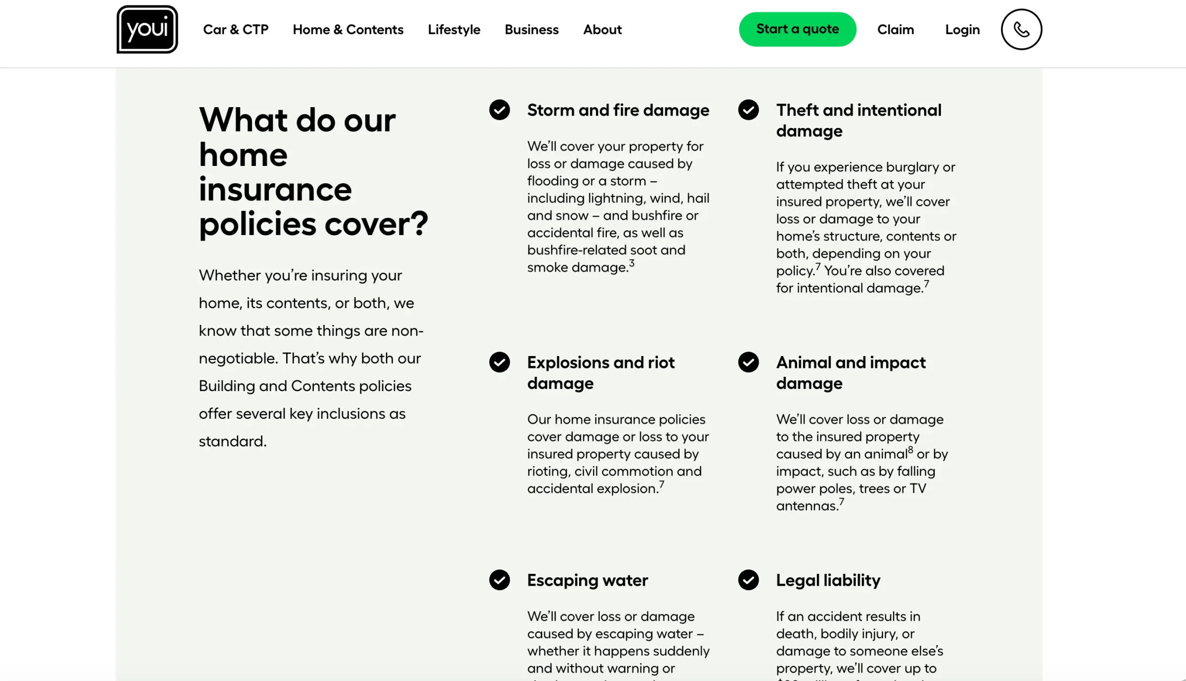 Screenshot of a home insurance coverage page. Several small superscript numbers, including 3, 7 and 8, appear throughout descriptions of covered events and are highlighted to show how frequently footnote references interrupt the content.