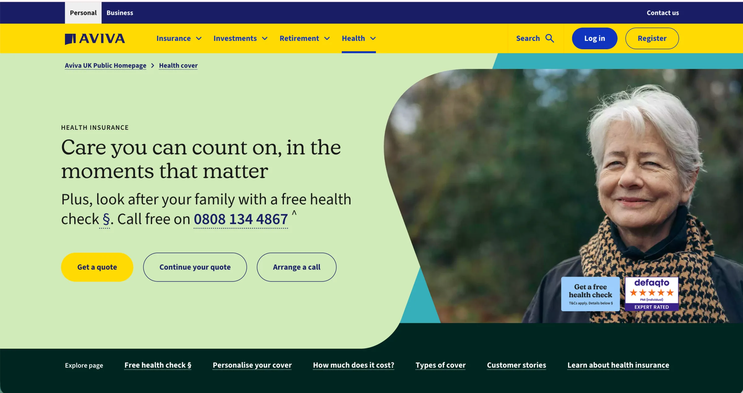 Screenshot of a health insurance webpage promoting a free health check. Superscript symbols beside “health check” and the phone number are highlighted, along with another symbol in the navigation, showing multiple unfamiliar footnote markers used on the page.