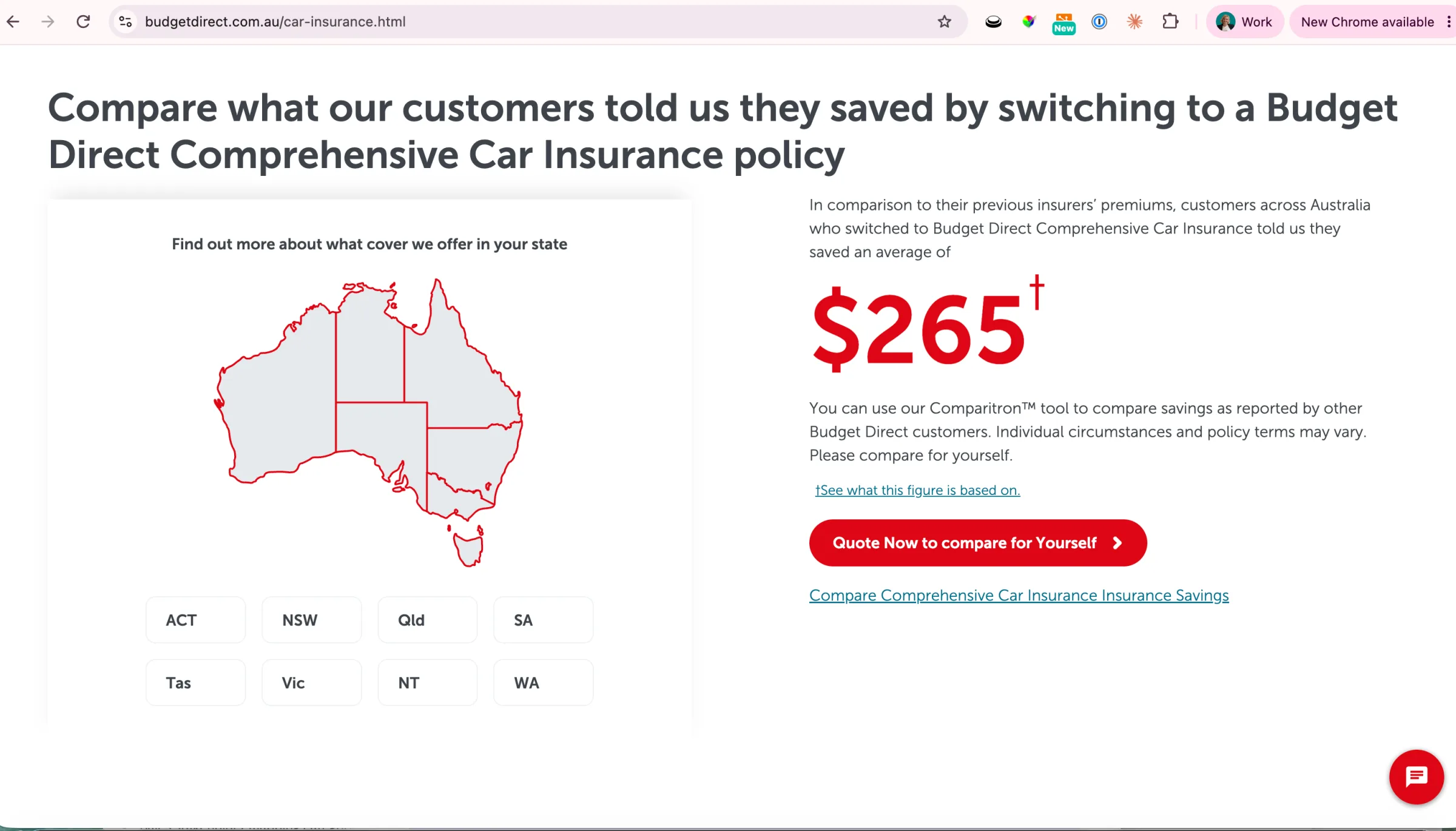 Screenshot of a Budget Direct car insurance page stating that customers saved an average of $265. A small superscript footnote marker beside the $265 figure and the separate “See what this figure is based on” link are highlighted with arrows.