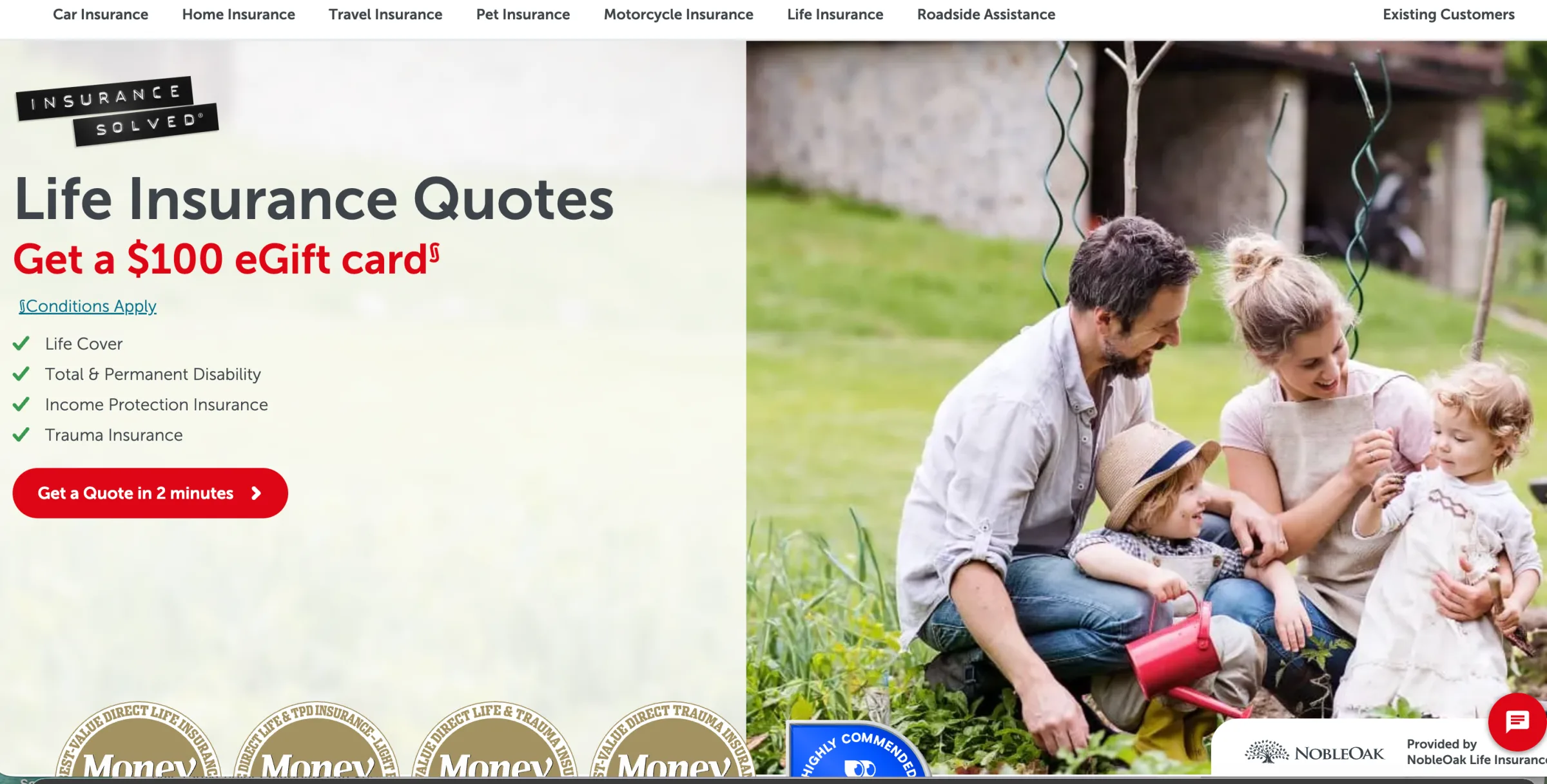 Screenshot of a life insurance quote page advertising a “$100 eGift card.” A small superscript footnote marker beside the offer and a separate “Conditions Apply” link underneath are highlighted with arrows.